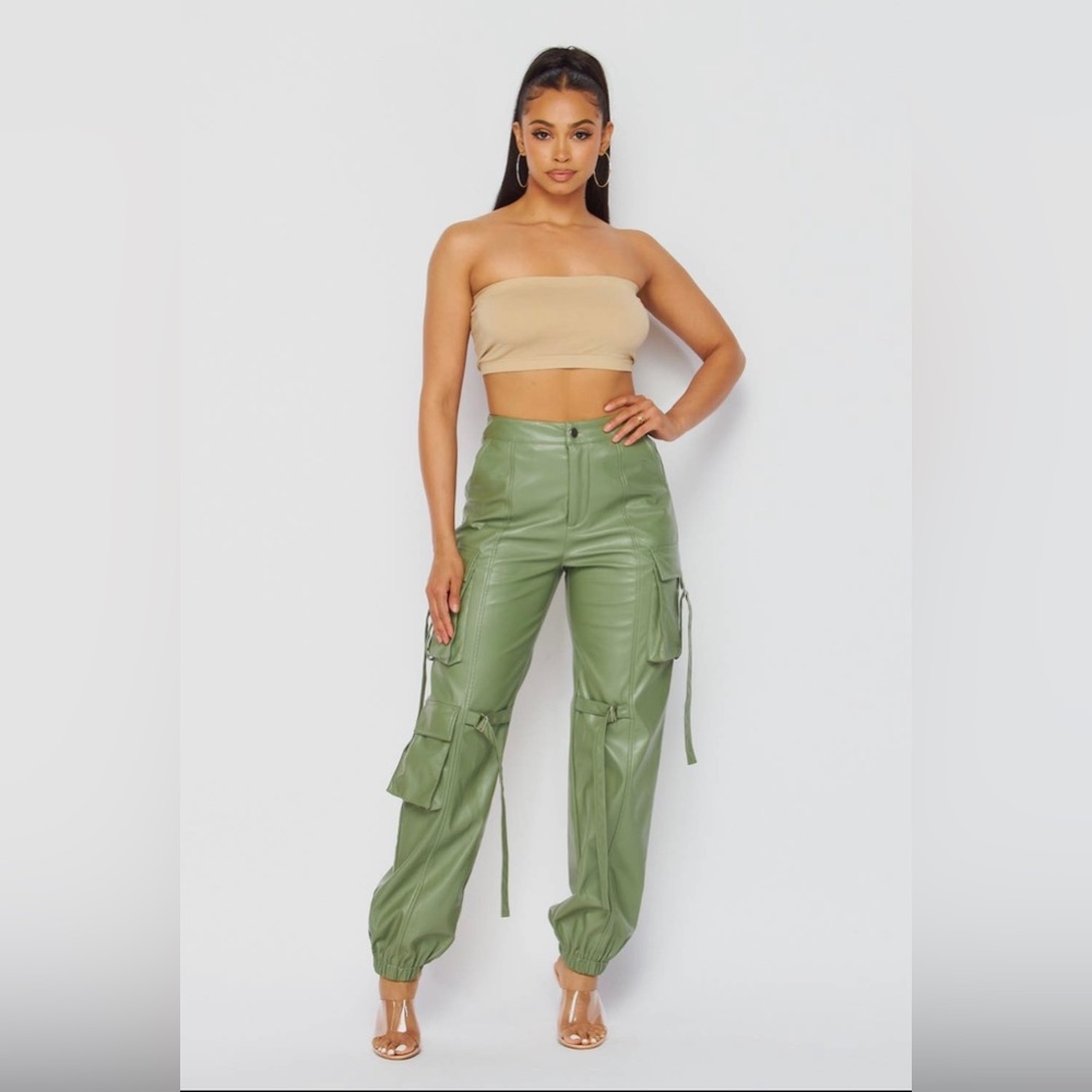 Olive Serendipity Vegan Leather Cargo Pocket Jogger Pants